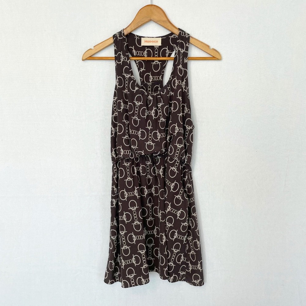 MODAGE Women's Small Dress Sleeveless Racerback Brown Ecru Chain Graphic